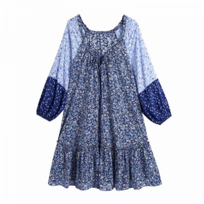 Hot Sale Women Floral Print Contrast Color Splicing Mini Dress Female Nine Quarter Sleeve Clothes Casual Lady Vestido D8211