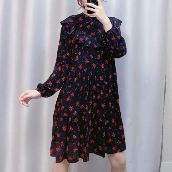 Vintage Flower Prints Cascading Ruffle Women Mini Dress Leisure Lady Long Sleeve Loose Dresses D3700