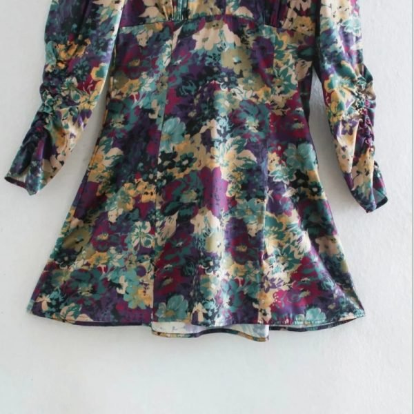 New Spring Women Flower Print V Neck Mini A-Line Dress Female Pleating Nine Quarter Sleeve Clothes Casual Vestido D7093