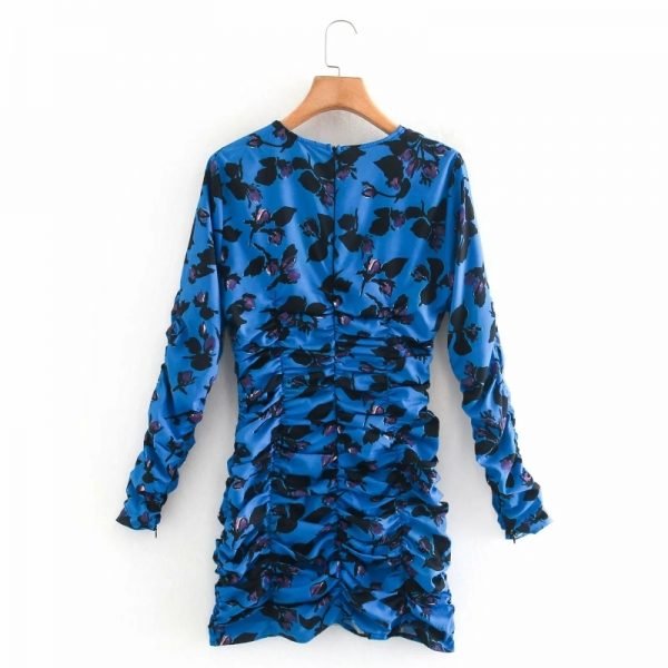 Women Flower printing V-Neck Pleated Mini dress Femme Long sleeve Dresses Casual Lady Slim Clothes Vestido D6509