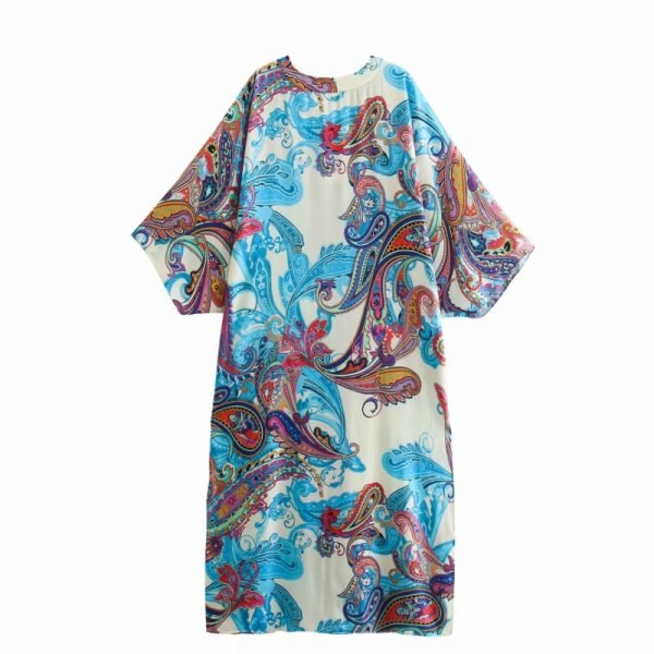 Hot Sale Women Vintage Paisley Printing V Neck Midi Dress Female Three Quarter Sleeve Clothes Casual Lady Loose Vestido D8502