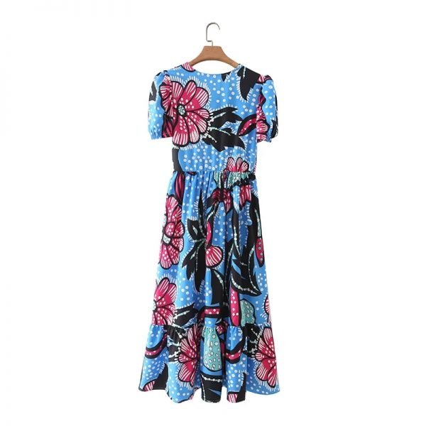 Summer Women Elegant Flower Print V Neck Midi Dress Female Puff Sleeve Clothes Leisure Lady Loose Vestido D7933