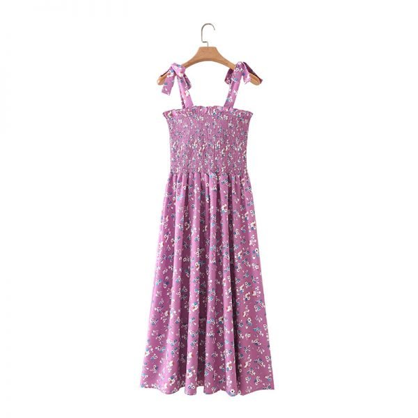 Summer Women Floral Print Purple Suspender Midi Dress Female Sleeveless Clothes Leisure Lady Slim Vestido D7932