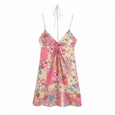 Hot Sale Women Patchwork Printing Drawstring Suspender Mini Dress Female Sleeveless Clothes Casual Lady Loose Vestido D8202