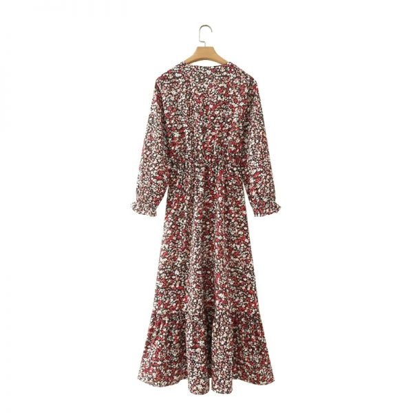 Hot Sale Women Vintage Floral Print Cross V Neck Dress Female Nine Quarter Sleeve Clothes Casual Lady Loose Vestido D8227