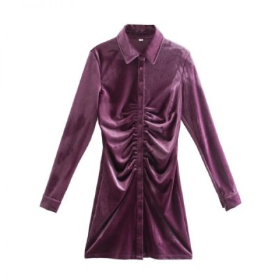 Spring Women Pleated Decoration Velvet Mini Shirt Dress Female Long Sleeve Clothes Office Lady Slim Vestido D7309