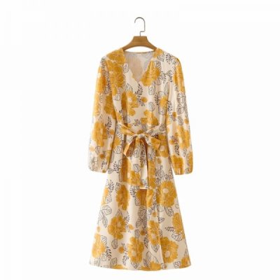 Hot Sale Women Flower Print V Neck Sashes Side Slit Mini Dress Female Long Sleeve Clothes Casual Lady Loose Vestido D8267