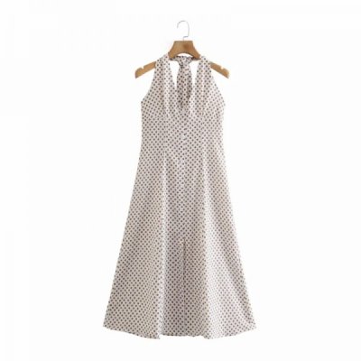 New Women Polka Dot Printing Deep V Neck Linen Midi Dress Female Halter Clothes Leisure Lady Loose Vestido D8067