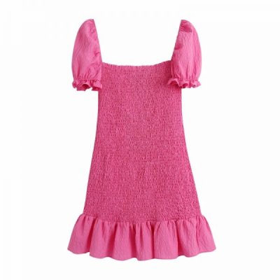 Summer Women Stretch Pleated Pink Slim Mini Dress Female Puff Sleeve Clothes Leisure Lady Vestido D8011