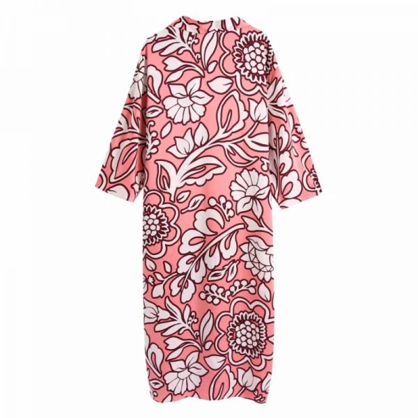 Hot Sale Women Flower Printing V Neck Lantern Sleeve Midi Dress Female Side Slit Clothes Casual Lady Loose Vestido D8290