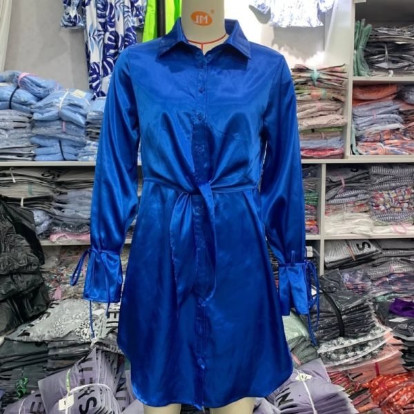 Hot Sale Women Knot Design Blue Satin Shirt Dress Female Long Sleeve Clothes Casual Lady Loose Vestido D8509