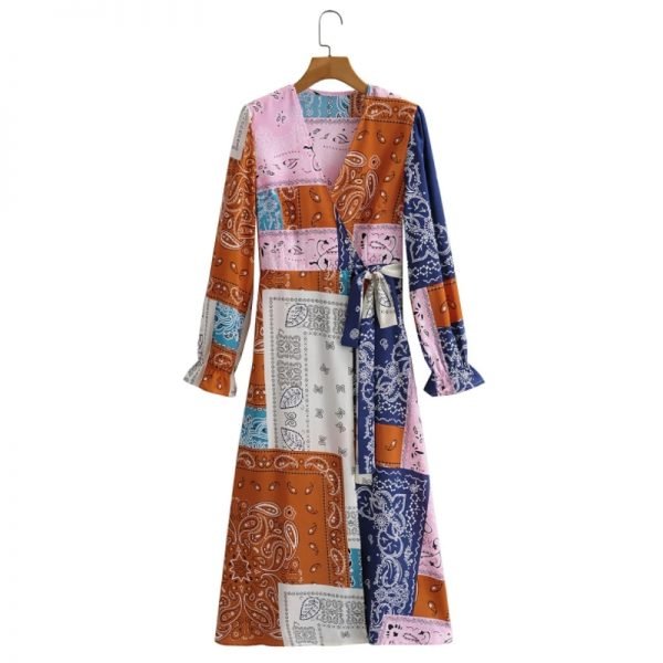 Hot Sale Women Patchwork Printing Cross V Neck Wrap Midi Dress Female Long Sleeve Clothes Casual Lady Loose Vestido D8251