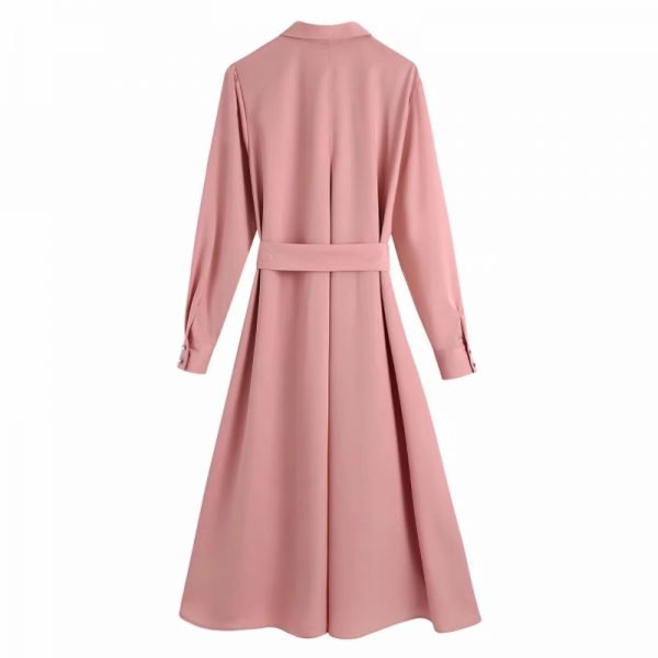 Fashion Women Turndown Collar Sashes Midi Shirt Dress Female Long Sleeve Clothes Office Lady Loose Vestido D7219