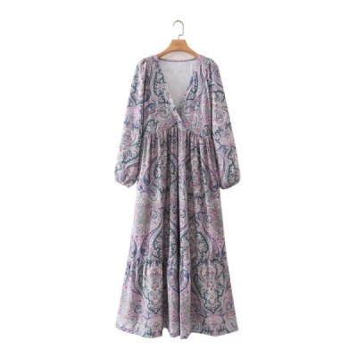 Hot Sale Women Ethnic Style Print V Neck Midi Dress Female Lantern Sleeve Clothes Vintage Lady Loose Vestido D8515