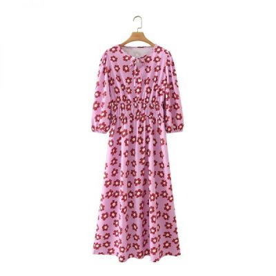 Women Flower Print O Neck Lace Up Elastic Waist Midi Dress Female Lantern Sleeve Clothes Casual Lady Loose Vestido D8335