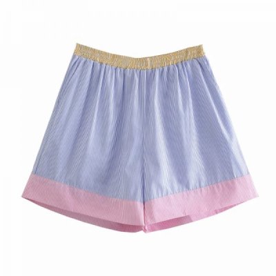 Hot Sale Women Contrast Color Splicing Striped Shorts Casual Female Elastic Waist Loose Clothes P2190