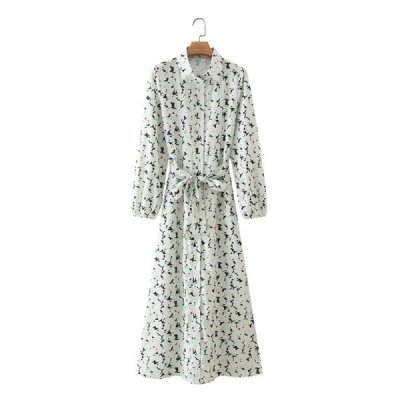 Hot Sale Women Floral Print Single Breasted Sashes Midi Shirt Dress Female Long Sleeve Clothes Leisure Lady Loose Vestido D8088