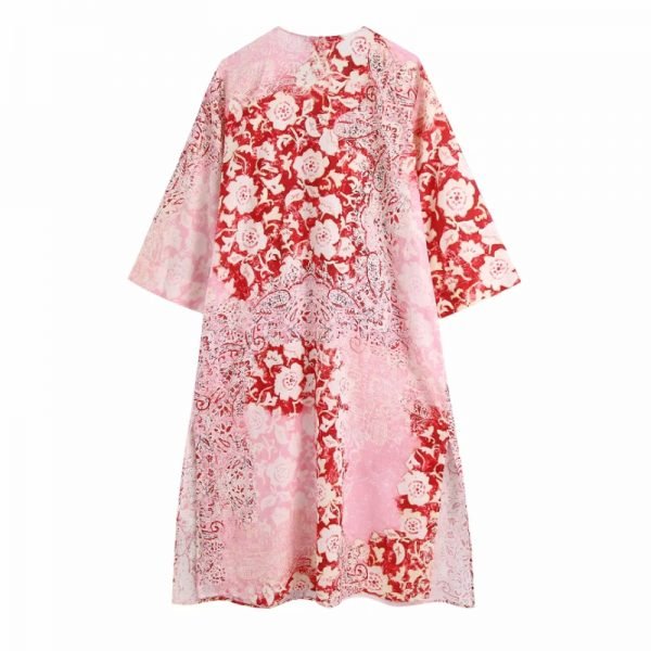 Hot Sale Women Floral Patchwork Print Side Slit Midi Dress Female Three Quarter Sleeve Clothes Casual Lady Loose Vestido D8207