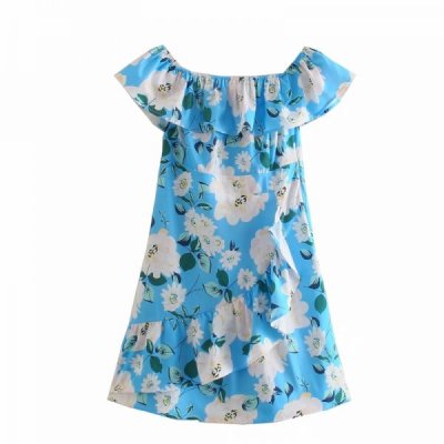 Summer Women Slash Neck Cascading Ruffle Printed Mini Dress Female Short Sleeve Clothes Leisure Lady Slim Vestido D7988