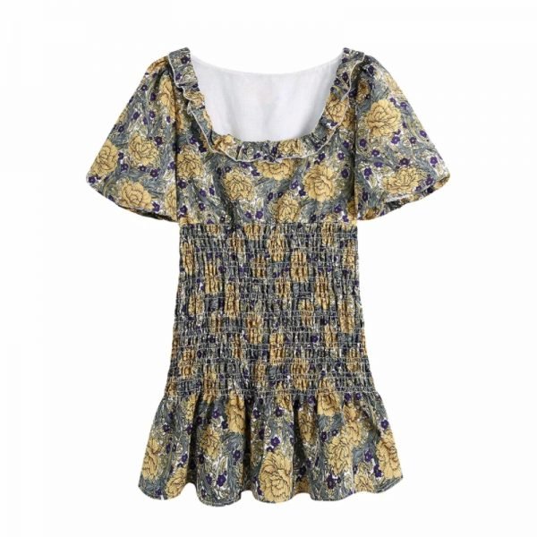 Summer Women Square Collar Ruffle Printed Elastic Mini Dress Female Lantern Sleeve Clothes Casual Lady Slim Vestido D7700