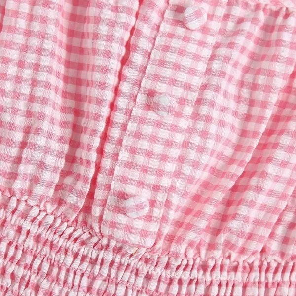 Summer Women Pink Plaid Suspender Midi Dress Female Elastic Waist Clothes Casual Lady Loose Vestido D7725