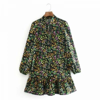 Women Floral Printing Ruffled Hem Green Mini Dress Female Stand Collar Lantern Sleeve Clothes Casual Lady Loose Vestido D6957