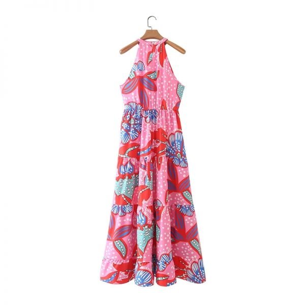 Summer Women Elegant Flower Print Stand Collar Midi Vest Dress Female Sleeveless Clothes Leisure Lady Loose Vestido D7935