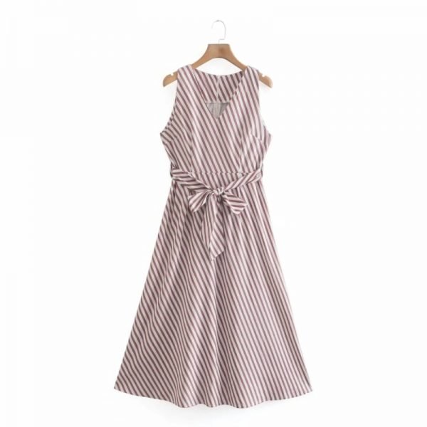 Summer Women Diagonal Striped V Neck Sashes Midi Vest Dress Female Sleeveless Clothes Casual Lady Loose Vestido D7863