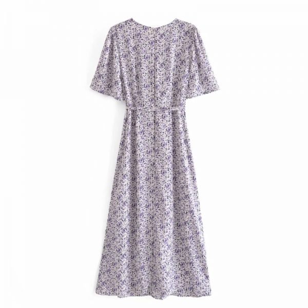 Summer Women Floral Print Puff Sleeve Elegant Midi Dress Female Sashes Clothes Leisure Lady Loose Vestido D7973