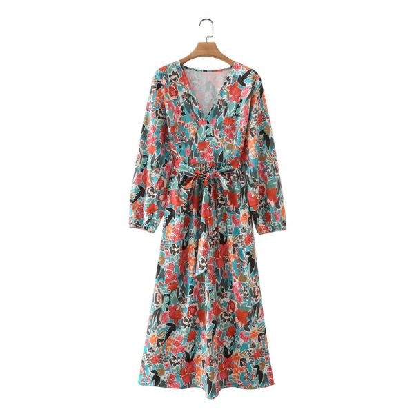 Hot Sale Women Flower Print V Neck Sashes Midi Dress Female Long Sleeve Clothes Casual Lady Loose Vestido D8232