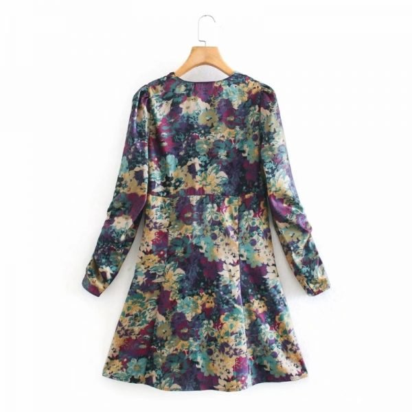 New Spring Women Flower Print V Neck Mini A-Line Dress Female Pleating Nine Quarter Sleeve Clothes Casual Vestido D7093