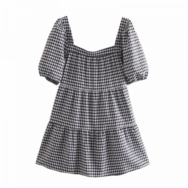 Summer Women Single Breasted Plaid Mini Dress Female Square Collar Puff Sleeve Clothes Casual Lady Loose Vestido D7651