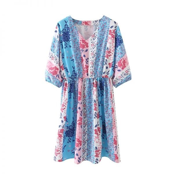 Summer Women Patchwork Printing Elastic Waist Mini Dress Female Batwing Sleeve Clothes Leisure Lady Loose Vestido D7923