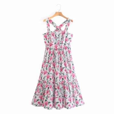 Summer Women Pink Floral Print Suspender Midi Dress Female Clothes Leisure Lady Loose Vestido D8061