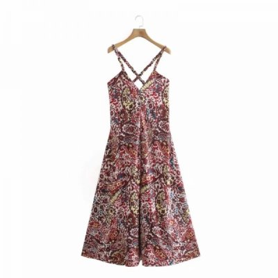 New Women Vintage Paisley Printing V Neck Suspender Dress Female Sleeveless Clothes Leisure Lady Loose Vestido D8070