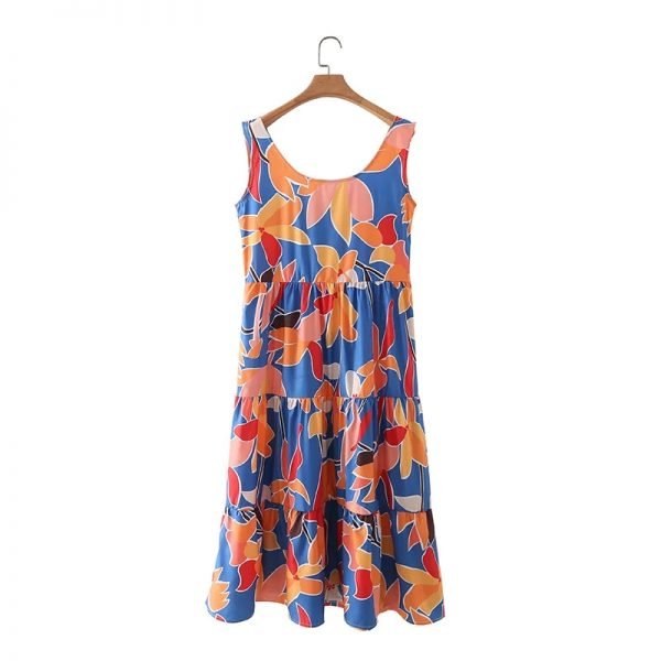 Summer Women Digital Print Tiered Ruffle Midi Vest Dress Female O Neck Sleeveless Clothes Leisure Lady Loose Vestido D7952