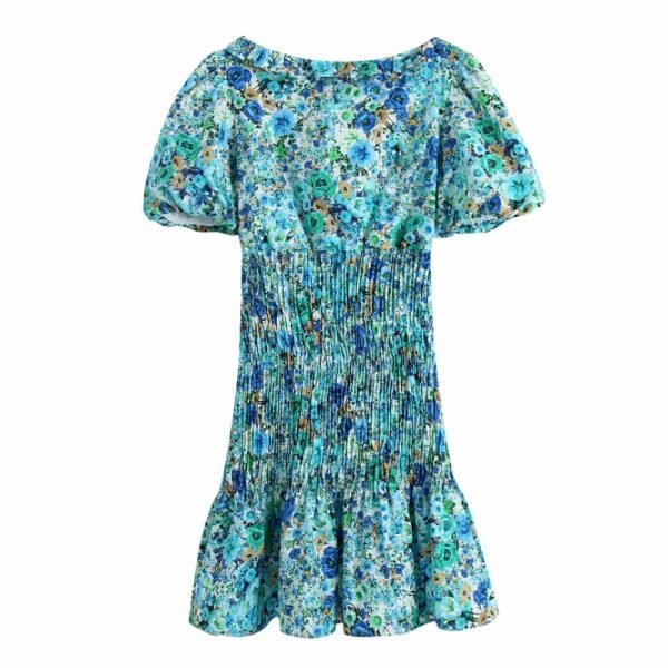 Summer Women Flower Printing Square Collar Ruched Mini Dress Female Puff Sleeve Clothes Casual Lady Loose Vestido D7677