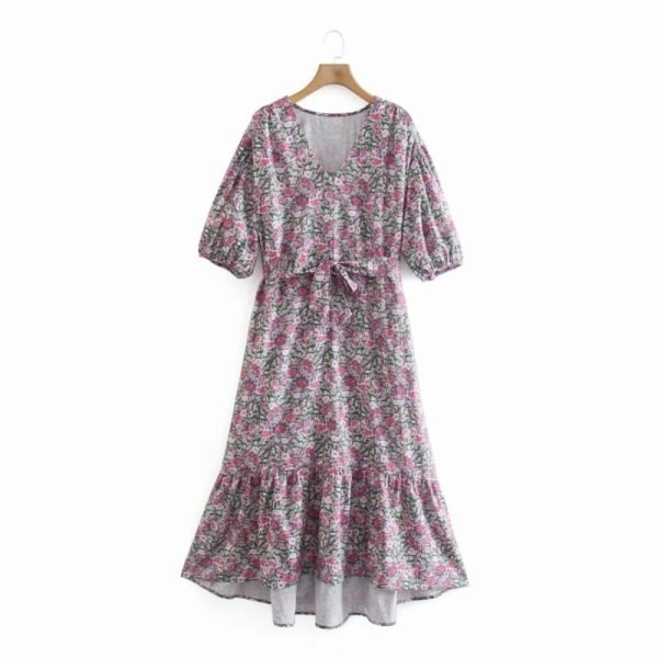 Summer Women V Neck Sashes Vintage Printed Midi Dress Female Puff Sleeve Clothes Casual Lady Loose Vestido D7711