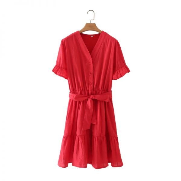 Summer Women V Neck Sashes Solid Mini Dress Female Flare Sleeve Clothes Leisure Lady Loose Vestido D7971