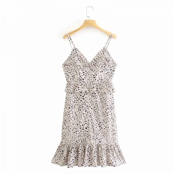 Women Leopard Print Ruffle Decoration Suspender Mini Dress Female Sleeveless Clothes Leisure Lady Loose Vestido D8059