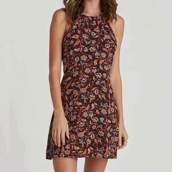 Summer Women Vintage Floral Print Halter Mini Dress Female Sleeveless Clothes Leisure Lady Slim Vestido D7961