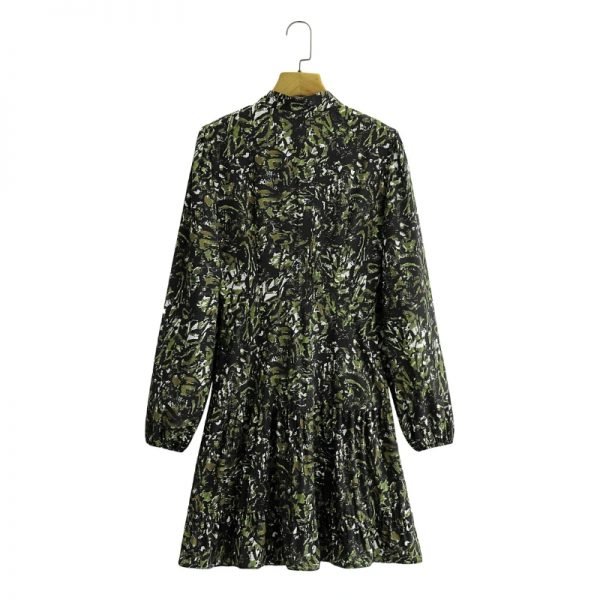 New Spring Women Vintage Printing Mini Shirt Dress Female Stand Collar Long Sleeve Clothes Loose Vestido D7029