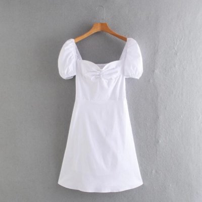 Summer Women Puff Sleeve White Mini A Line Dress Female Solid Clothes Casual Lady Slim Vestido D7653