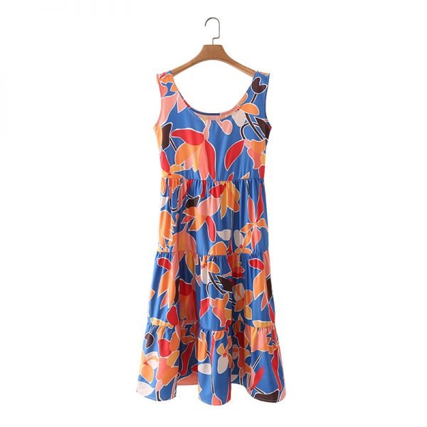 Summer Women Digital Print Tiered Ruffle Midi Vest Dress Female O Neck Sleeveless Clothes Leisure Lady Loose Vestido D7952