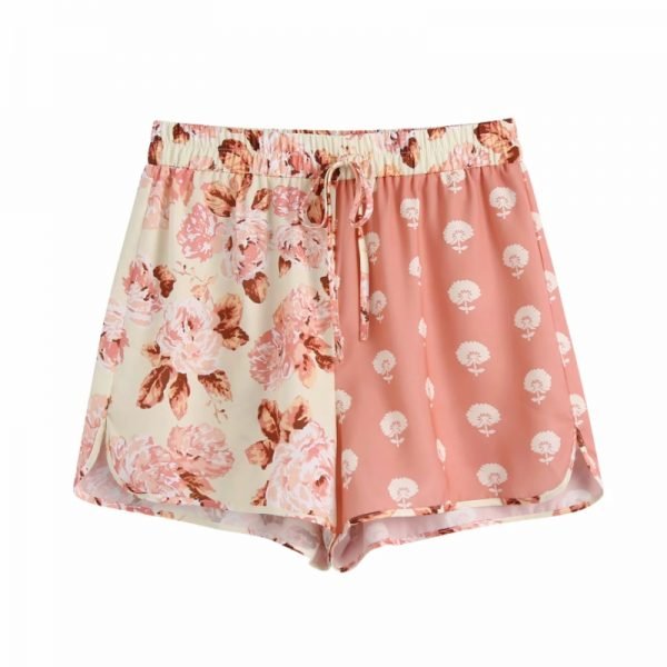 Hot Sale Women Flower Printing Contrast Color Splicing Casual Shorts Female Elastic Waist Loose Clothes P2292