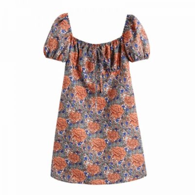 Summer Women Vintage Floral Printing Square Collar Mini Dress Female Puff Sleeve Clothes Casual Lady Loose Vestido D7691