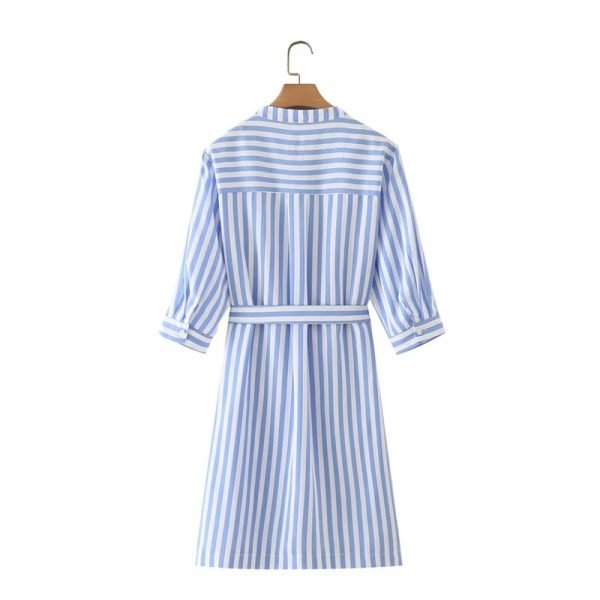 Hot Sale Women Stand Collar Sashes Striped Shirt Dress Female Three Quarter Sleeve Clothes Casual Lady Loose Vestido D8191