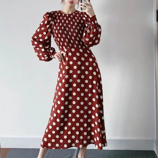 Women Dot Printing O Neck Elastic Midi A-Line Dress Casual Female Lantern Sleeve Clothes Lady Loose Vestido D6855