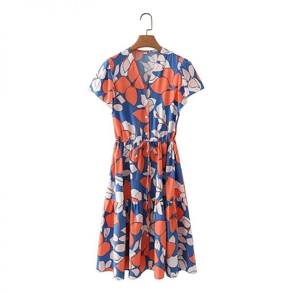 Summer Women V Neck Waist Drawstring Printed Midi Dress Female Short Sleeve Clothes Casual Lady Loose Vestido D7766