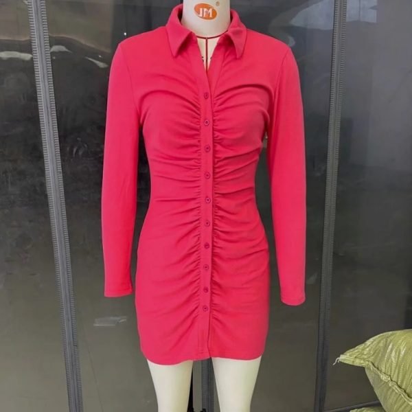 Hot Sale Women Pleated Design Rose Red Slim Knitted Mini Shirt Dress Female Long Sleeve Clothes Casual Lady Vestido D8280